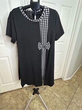 SHEIN Black Midi Dress with Black-and-White Houndstooth Trim and Bow 3X